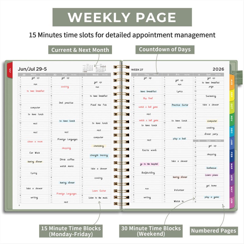 EMSHOI 2026-2027 Appointment Book, A4 15-Minute Hourly Planner, July 2026 - June 2027, Academic Planner Weekly and Monthly, 100GSM Thick Paper, Flexible Cover, Note Pages, Colorful Tabs, Light Green - Image 3