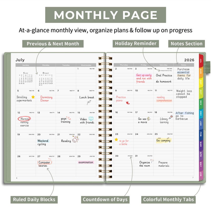 EMSHOI 2026-2027 Appointment Book, A4 15-Minute Hourly Planner, July 2026 - June 2027, Academic Planner Weekly and Monthly, 100GSM Thick Paper, Flexible Cover, Note Pages, Colorful Tabs, Light Green - Image 4