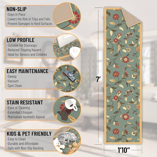 Ottomanson Hallway Runner Rug 1'10" x 7' Non Slip Floral Area Rugs Easy to Clean Laundry Rug Runner Durable Floor Carpet Runners for Hallways Entryway Living Room Kitchen Bathroom, Seafoam Green - Image 2