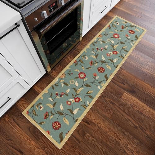 Ottomanson Hallway Runner Rug 1'10" x 7' Non Slip Floral Area Rugs Easy to Clean Laundry Rug Runner Durable Floor Carpet Runners for Hallways Entryway Living Room Kitchen Bathroom, Seafoam Green - Image 1