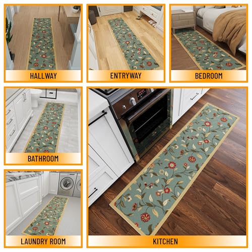 Ottomanson Hallway Runner Rug 1'10" x 7' Non Slip Floral Area Rugs Easy to Clean Laundry Rug Runner Durable Floor Carpet Runners for Hallways Entryway Living Room Kitchen Bathroom, Seafoam Green - Image 3
