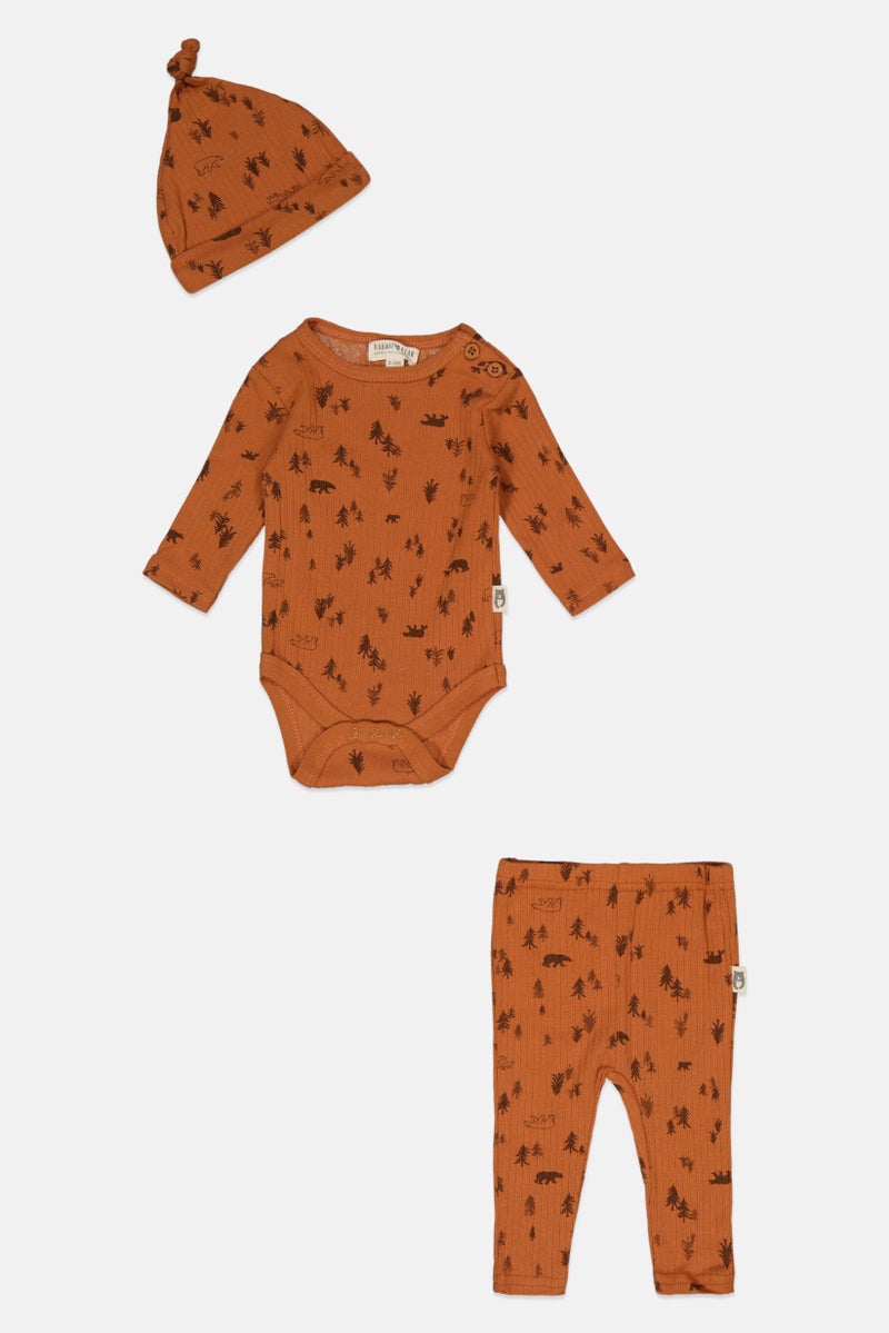 Rabbit + Bear Toddlers Boy 3 Piece Bodysuit Pull On Pants And Cap, Brown Combo - Image 1