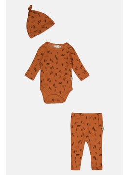 Rabbit + Bear Toddlers Boy 3 Piece Bodysuit Pull On Pants And Cap, Brown Combo  - Image 1