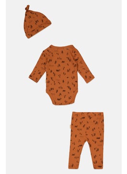 Rabbit + Bear Toddlers Boy 3 Piece Bodysuit Pull On Pants And Cap, Brown Combo  - Image 2