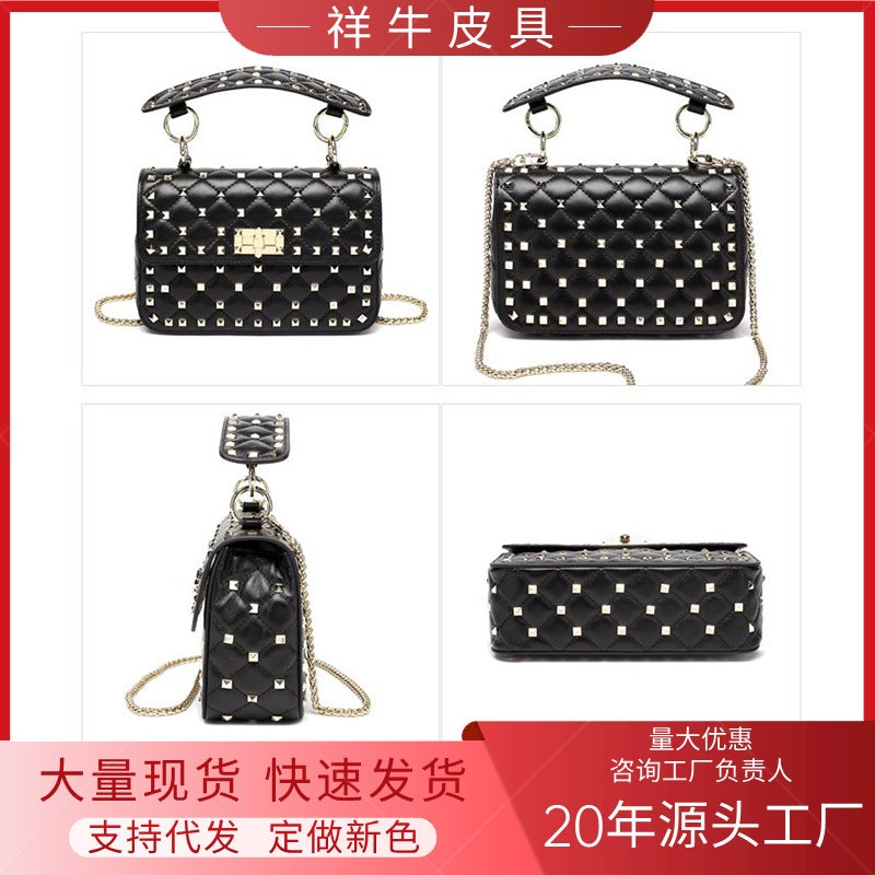 2021 New Fashion Chain Bag Sheepskin Rivet Small Square Bag Handbag Shoulder Leather Women'S Bag Guangzhou Source - Image 2
