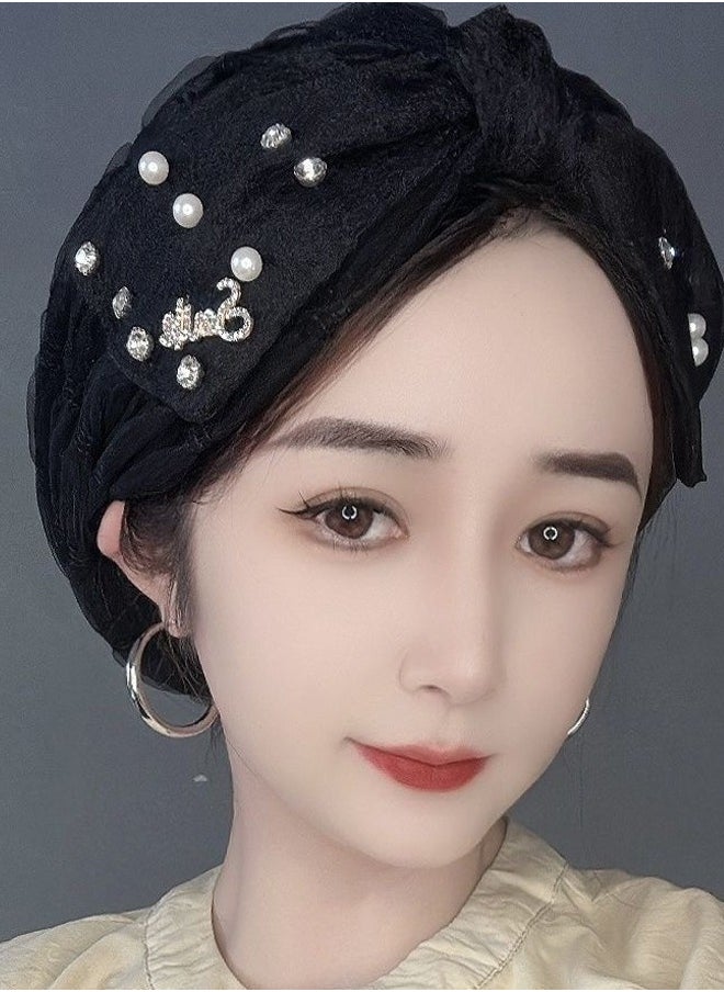 rocooart 1 pcs Women's Turban, Bubble Gauze Thin Style Pearl Diamond Tulle Bag Head Hat  - Image 1