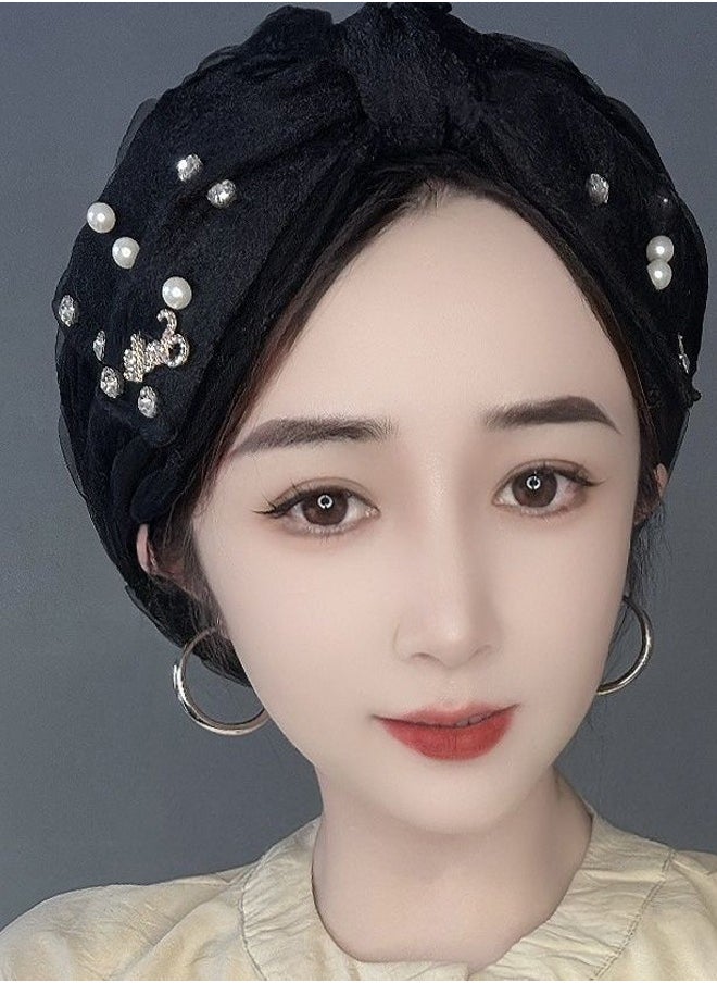 rocooart 1 pcs Women's Turban, Bubble Gauze Thin Style Pearl Diamond Tulle Bag Head Hat  - Image 2