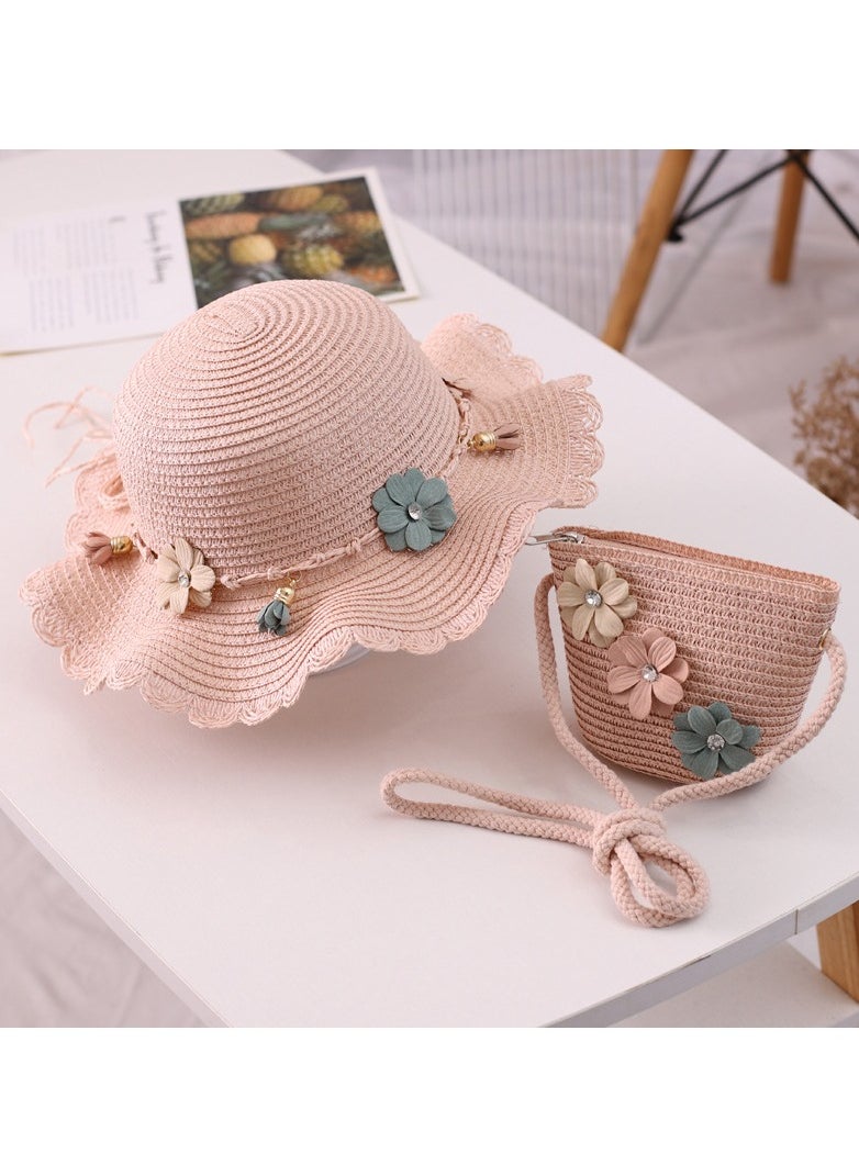 KUYING New Straw Hat Bag Set Sunscreen Sun Hat Summer Princess Baby Cool Hat 