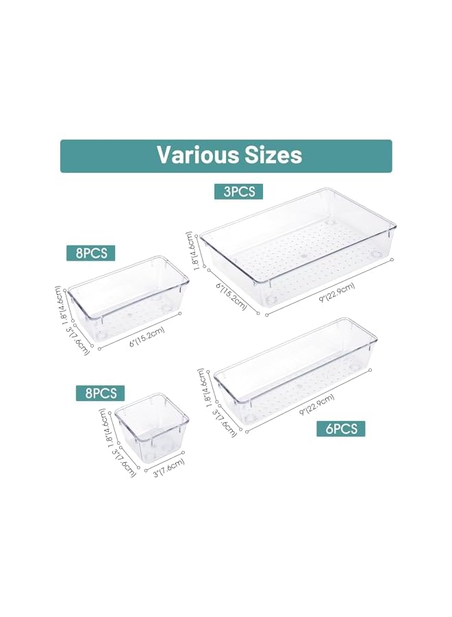 Green Tiger 25 PCS Clear Plastic Drawer Organizer Set, 4 Sizes Desk Drawer Divider Organizers and Storage Bins for Makeup, Jewelry, Gadgets for Kitchen, Bedroom, Bathroom, Office (25Pcs) - Image 2