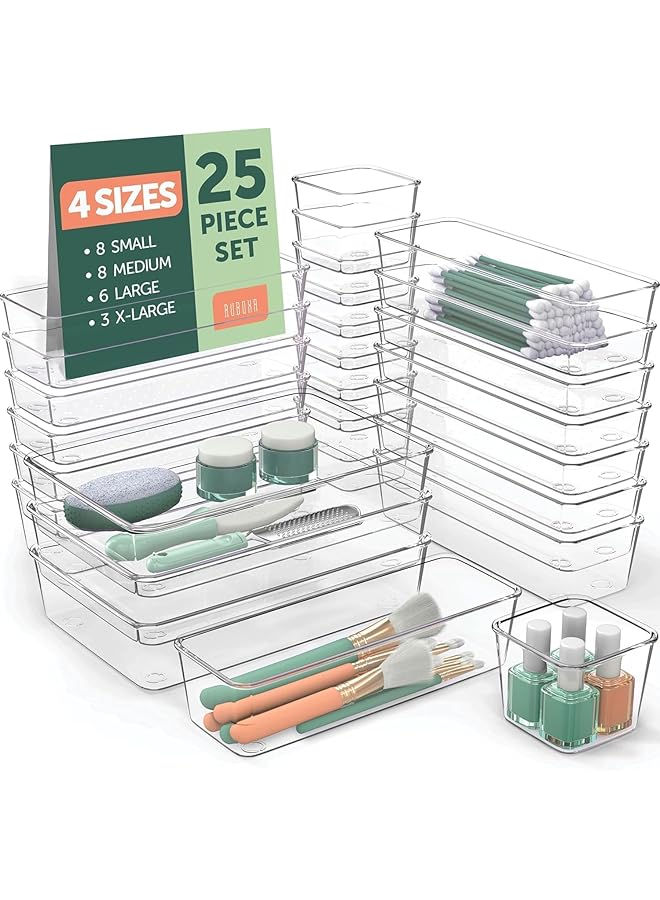 Green Tiger 25 PCS Clear Plastic Drawer Organizer Set, 4 Sizes Desk Drawer Divider Organizers and Storage Bins for Makeup, Jewelry, Gadgets for Kitchen, Bedroom, Bathroom, Office (25Pcs) - Image 1