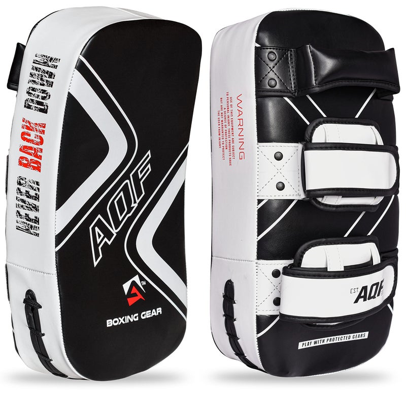 AQF Kickboxing MMA Thai Kick Pad Strike Shield Twin 2 Pack - PRO Curved Pair Pads Boxing Karate MMA Training Equipment Muay Thai Focus Hook & Jab Curve Arm Strike (White) - Image 1