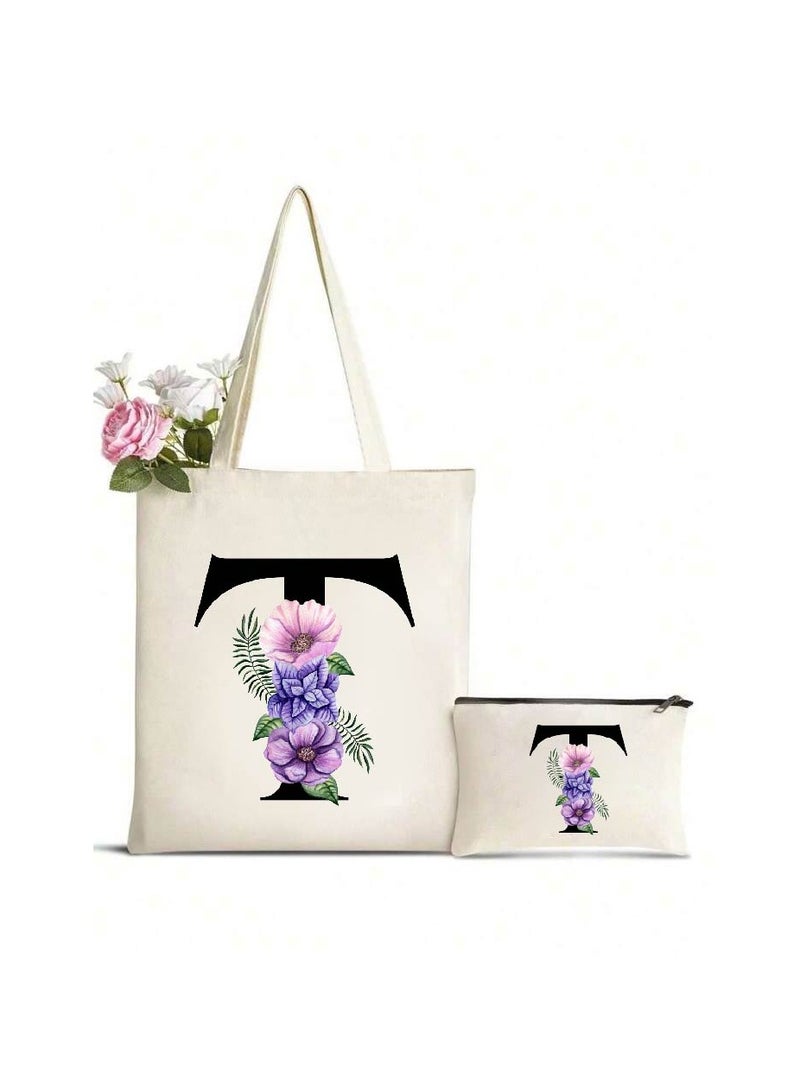 PRINTSHOP4ME Initial Monogrammed Canvas Tote Bag And Matching Makeup Bag Set-Thoughtful Gifts For Women,Teachers,College Students,Bridesmaids,Reusable Grocery Bags,Wedding,Holiday And Travel  - Image 1
