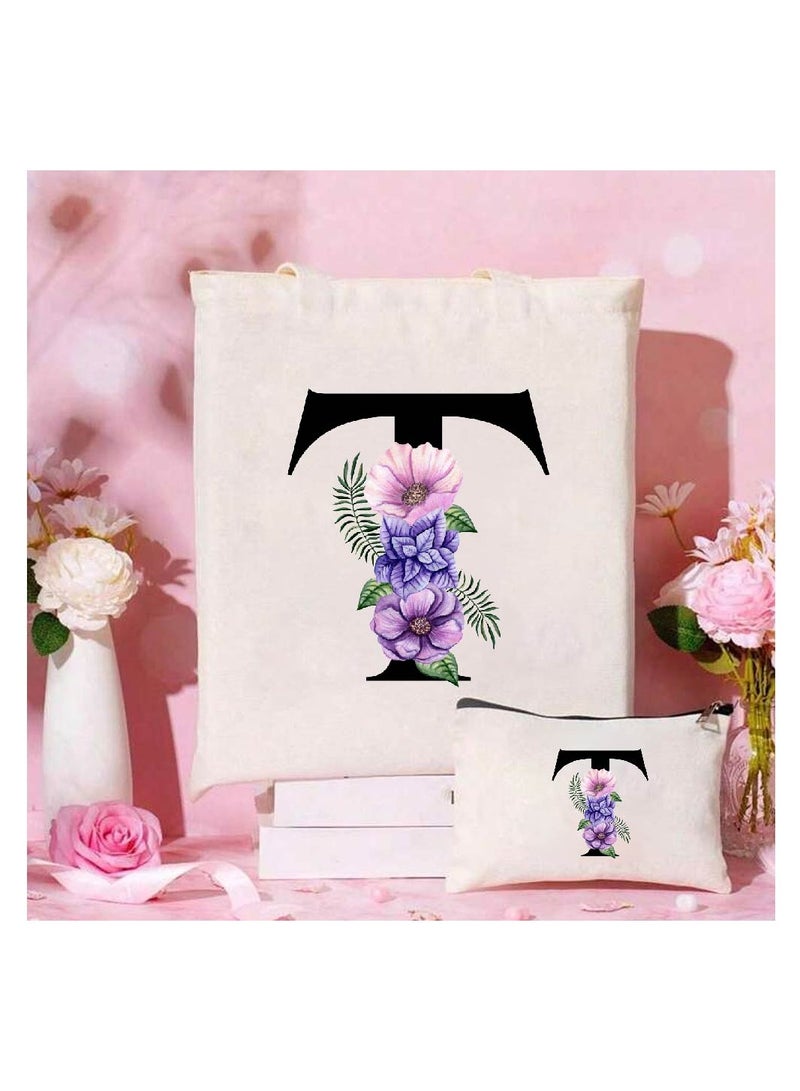 PRINTSHOP4ME Initial Monogrammed Canvas Tote Bag And Matching Makeup Bag Set-Thoughtful Gifts For Women,Teachers,College Students,Bridesmaids,Reusable Grocery Bags,Wedding,Holiday And Travel  - Image 2