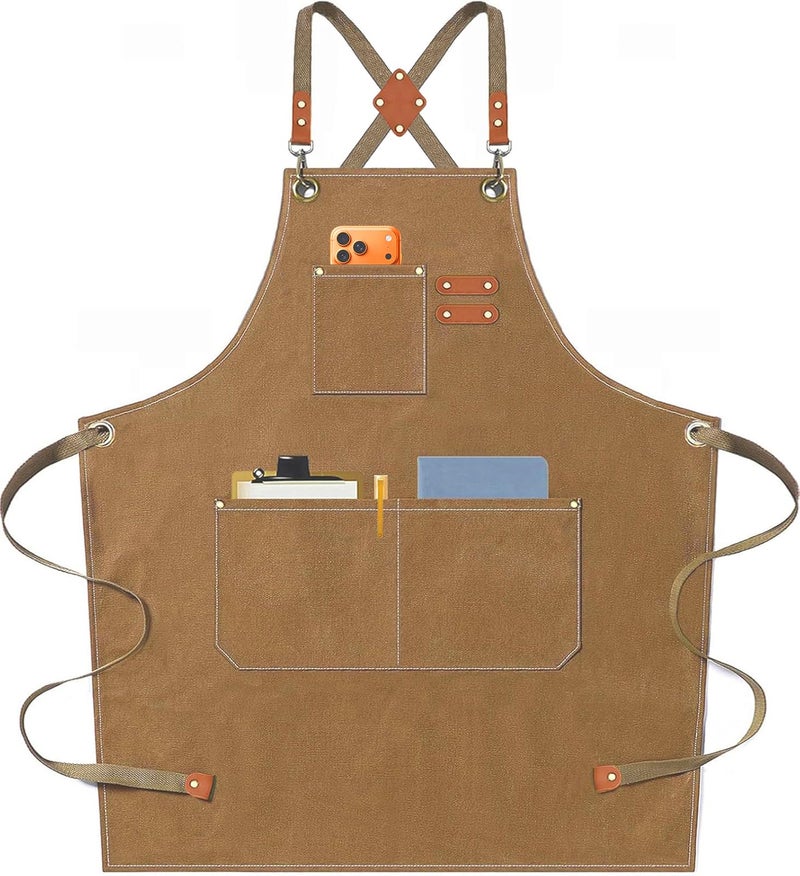 AFUN Chef Apron, Cotton Canvas Cross Back Apron with Adjustable Straps and Large Pockets,M to XXL (Brown) - Image 1