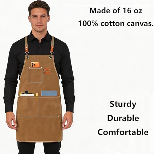 AFUN Chef Apron, Cotton Canvas Cross Back Apron with Adjustable Straps and Large Pockets,M to XXL (Brown) - Image 3