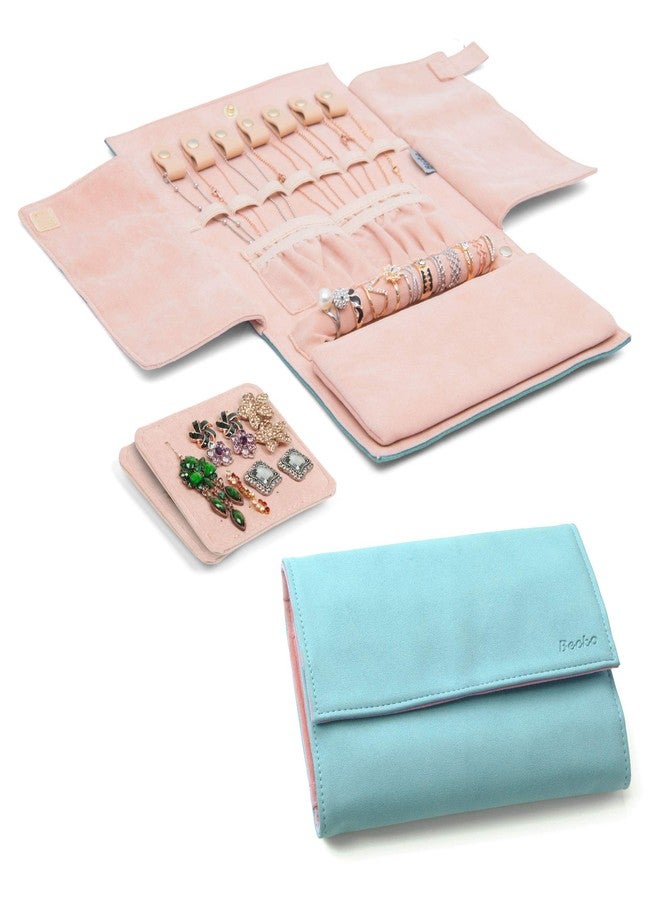 Becko US Jewelry Organizer Roll Travel Jewel Bag case for Multiple Necklaces, Rings, Bracelets, Supple Leather & Suede, Large Capacity Without Crease, Lightweight, Portable & Practical (Blue) - Image 1