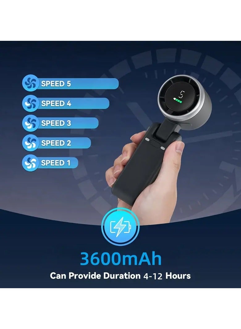 مروحة يدوية توربينية محمولة – 5 سرعات، بطارية قابلة لإعادة الشحن 3600 مللي أمبير، تشغيل من 4 إلى 12 ساعة، 3 في 1 – لون أسود  - Image 5