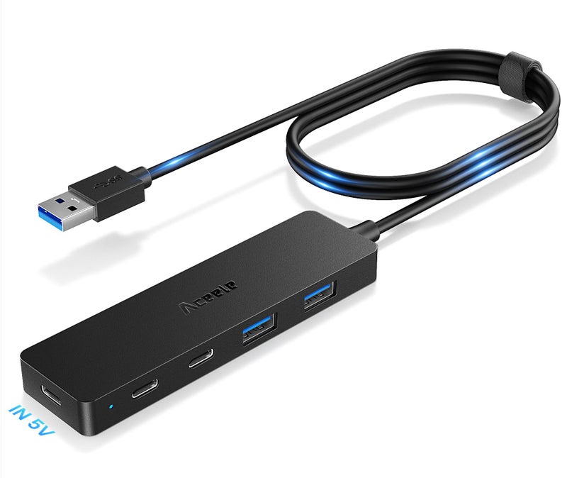 Aceele USB Hub 3.0 Splitter with 2 USB-C and 2 USB-A, 4 Ports Ultra-Slim Multiport Expander Adapter with 4ft Extension Long Cable Cord, USB Extender for Desktop, Computer, PC, Laptop, iMac and More - Image 1