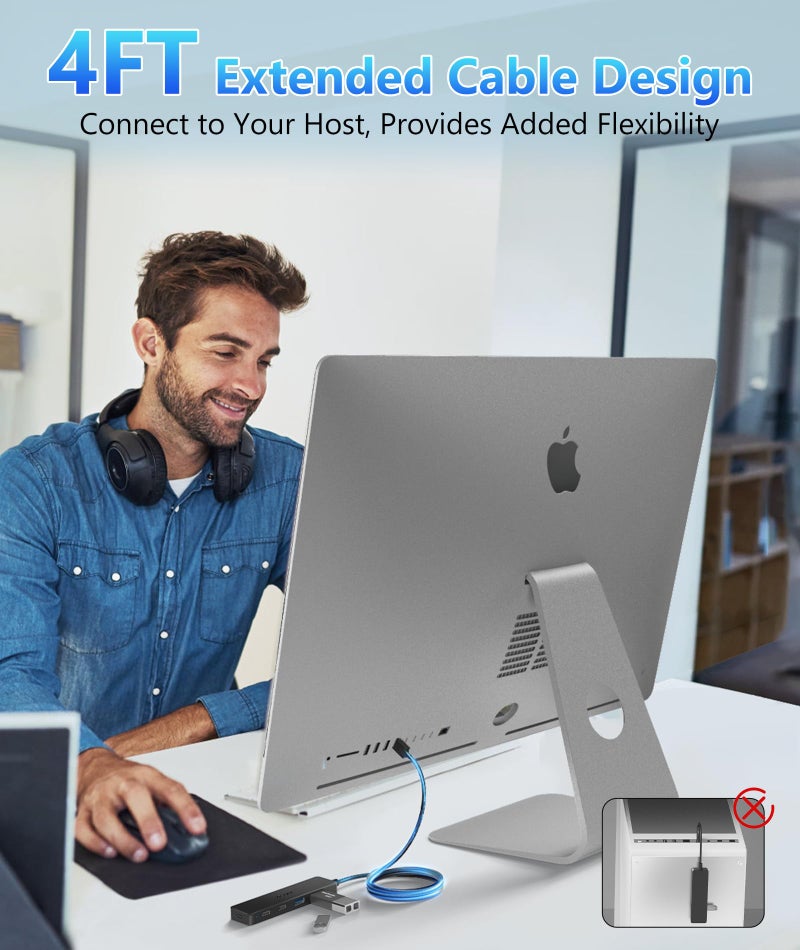 Aceele USB Hub 3.0 Splitter with 2 USB-C and 2 USB-A, 4 Ports Ultra-Slim Multiport Expander Adapter with 4ft Extension Long Cable Cord, USB Extender for Desktop, Computer, PC, Laptop, iMac and More - Image 5