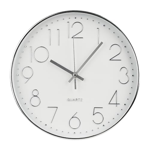 bakbrand Wall Clock 12 Inch Non-Ticking Silent Modern Simple Style Round Decor Clock Silver Stereoscopic Dial Quartz Wall Clocks for Home/Office/School/Living Room/Bedroom/Kitchen - Image 1