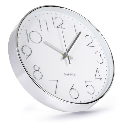 bakbrand Wall Clock 12 Inch Non-Ticking Silent Modern Simple Style Round Decor Clock Silver Stereoscopic Dial Quartz Wall Clocks for Home/Office/School/Living Room/Bedroom/Kitchen - Image 2