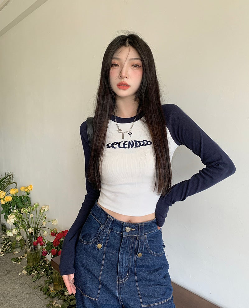 Retro Colorblock Crop Top Slim Fit Womens Tee Coffee and Apricot - Image 4