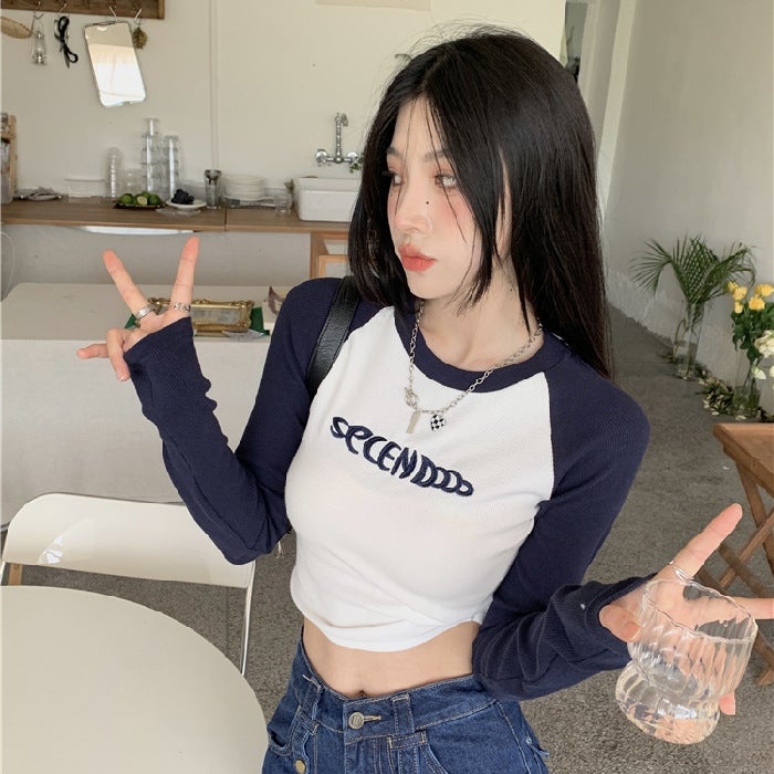 Retro Colorblock Crop Top Slim Fit Womens Tee Coffee and Apricot - Image 2