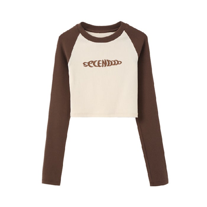 Retro Colorblock Crop Top Slim Fit Womens Tee Coffee and Apricot - Image 1