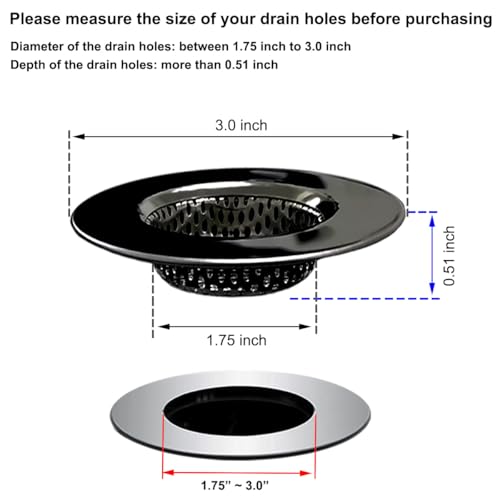 Seatery 1.75" Bathtub Drain Strainers, Shower Drain Hair Catchers, Stainless Steel Drain Filter Cover for Bathroom Laundry Floor Drain, Fit for 1.75"-3.0" Drain Hole Black - Image 2