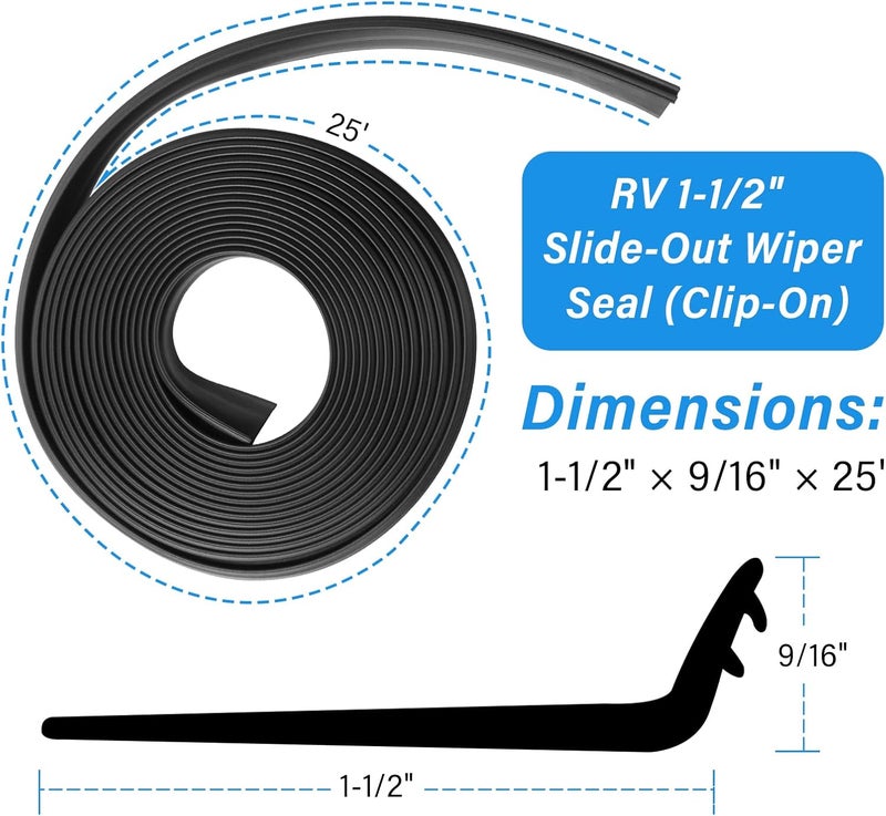 Ximoon R854056 RV Slide Out Wiper Seal 1-1/2" (Clip-On), 25' Weather Seal, Black Rubber - Image 3
