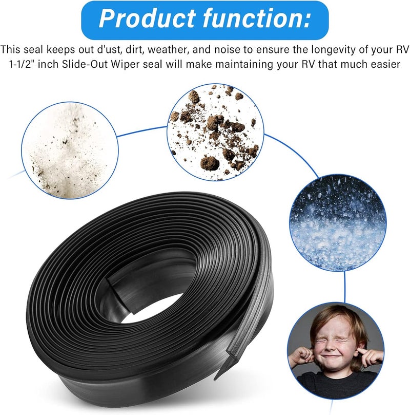 Ximoon R854056 RV Slide Out Wiper Seal 1-1/2" (Clip-On), 25' Weather Seal, Black Rubber - Image 2