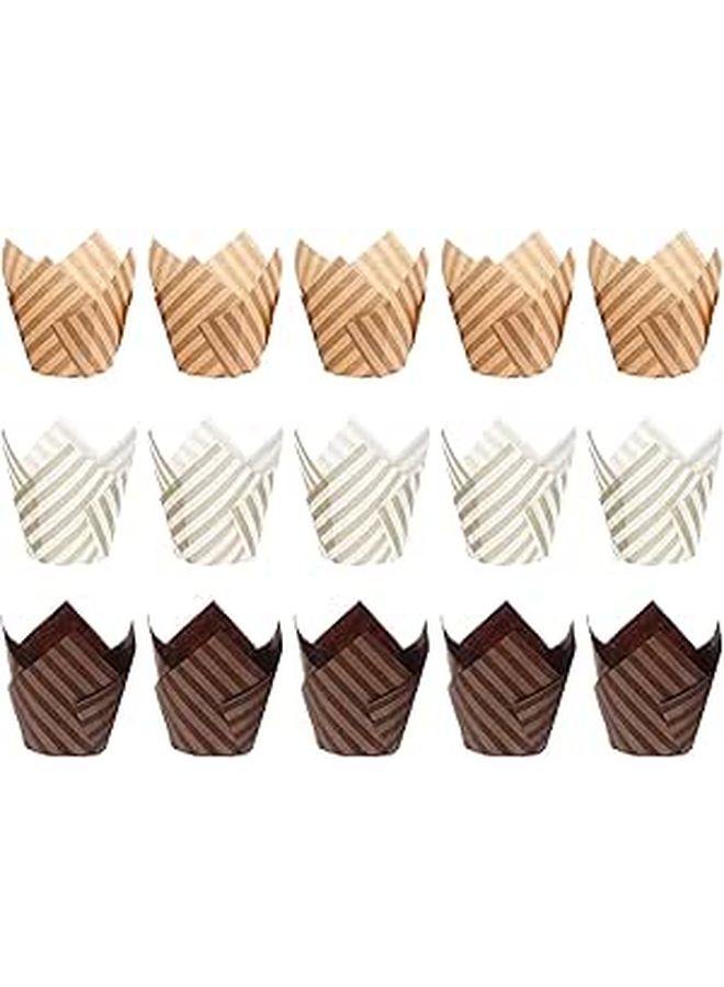 Dark Brown Light Brown White Stripes 150pcs Flower Shaped Cupcake Liners Grease Resistant High Temperature Baking Cups - Image 1