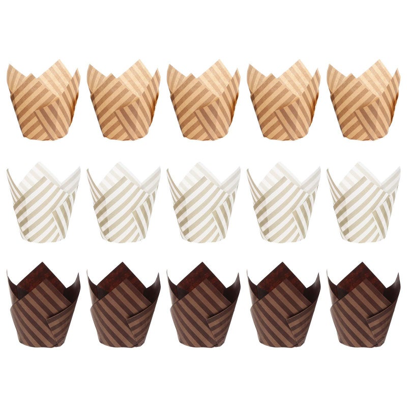 Dark Brown Light Brown White Stripes 150pcs Flower Shaped Cupcake Liners Grease Resistant High Temperature Baking Cups - Image 2