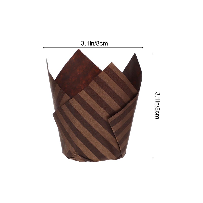 Dark Brown Light Brown White Stripes 150pcs Flower Shaped Cupcake Liners Grease Resistant High Temperature Baking Cups - Image 3