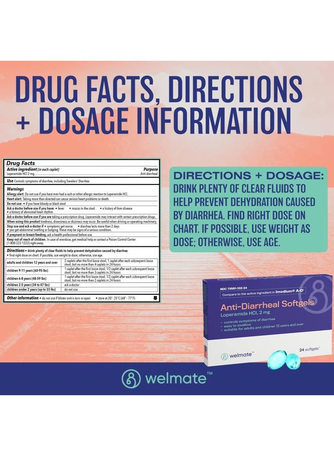 WELMATE Anti-Diarrheal Softgels (24 Softgels) - Loperamide HCL 2 mg - Diarrhea Symptom Relief - Upset Stomach Reliever - Anti Diarrhea Pills - Over-The-Counter Medication - Image 5