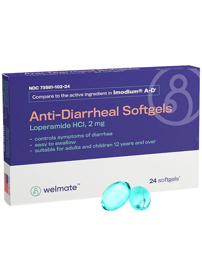 WELMATE Anti-Diarrheal Softgels (24 Softgels) - Loperamide HCL 2 mg - Diarrhea Symptom Relief - Upset Stomach Reliever - Anti Diarrhea Pills - Over-The-Counter Medication - Image 1