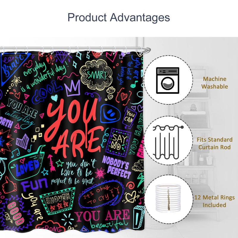 AMBZEK Kids Colorful Quotes Shower Curtain,Teens Funny Neon Positive You are Motivational Inspirational Versers Cloth Fabric Polyester Bathroom Curtains Decor Set with 12 Pack Hooks 60Wx72L Inch - Image 3