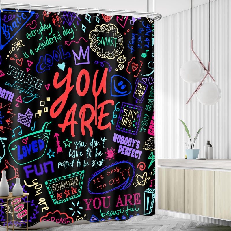 AMBZEK Kids Colorful Quotes Shower Curtain,Teens Funny Neon Positive You are Motivational Inspirational Versers Cloth Fabric Polyester Bathroom Curtains Decor Set with 12 Pack Hooks 60Wx72L Inch - Image 2