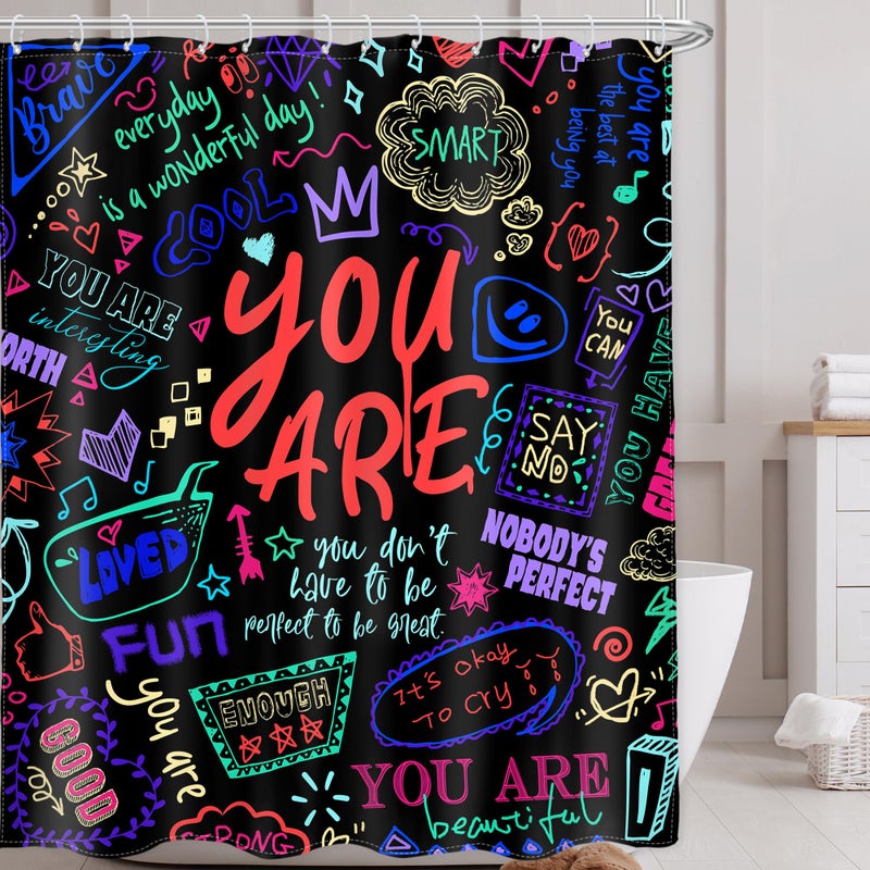 AMBZEK Kids Colorful Quotes Shower Curtain,Teens Funny Neon Positive You are Motivational Inspirational Versers Cloth Fabric Polyester Bathroom Curtains Decor Set with 12 Pack Hooks 60Wx72L Inch - Image 1
