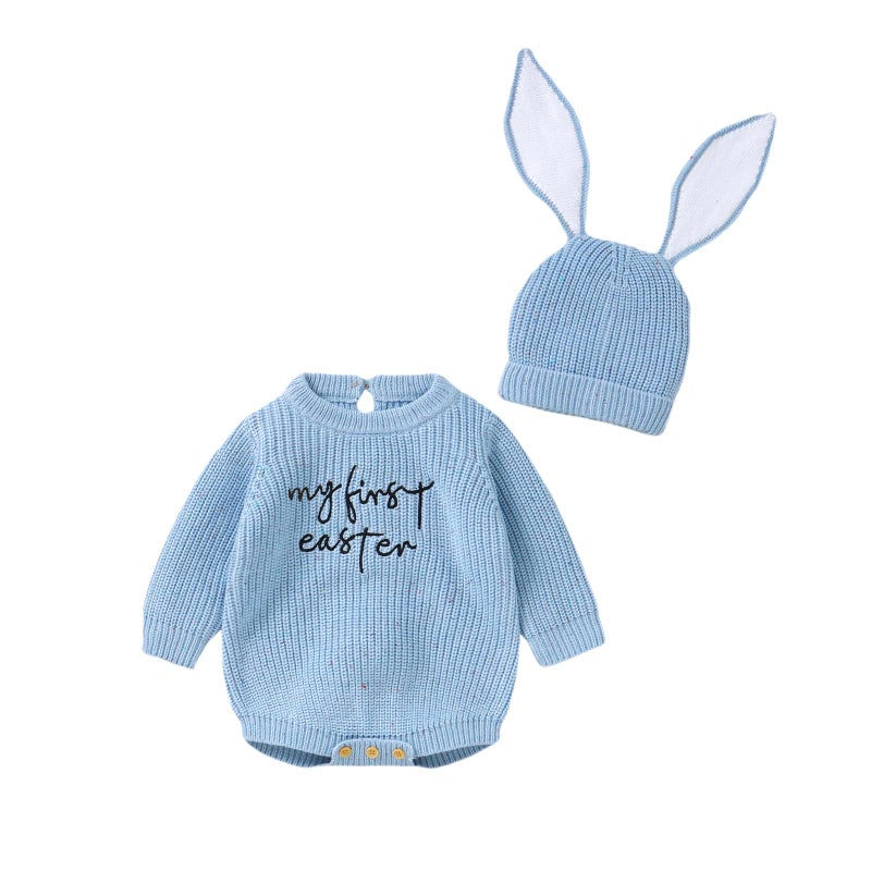 Gureui My First Easter Baby Girl Boy Outfit 3-6 Months Long Sleeve Knit Romper Onesie with Bunny Hat Infant Clothes - Image 1