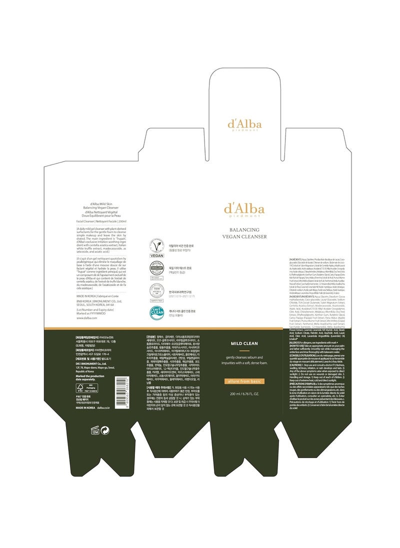 d'Alba - Italian White Truffle Mild Skin Balancing Vegan Cleanser Hydrating and Calming Cleanser Mild pH Cleanser with White Truffles for Sensitive Skin Korean Skincare - Image 1