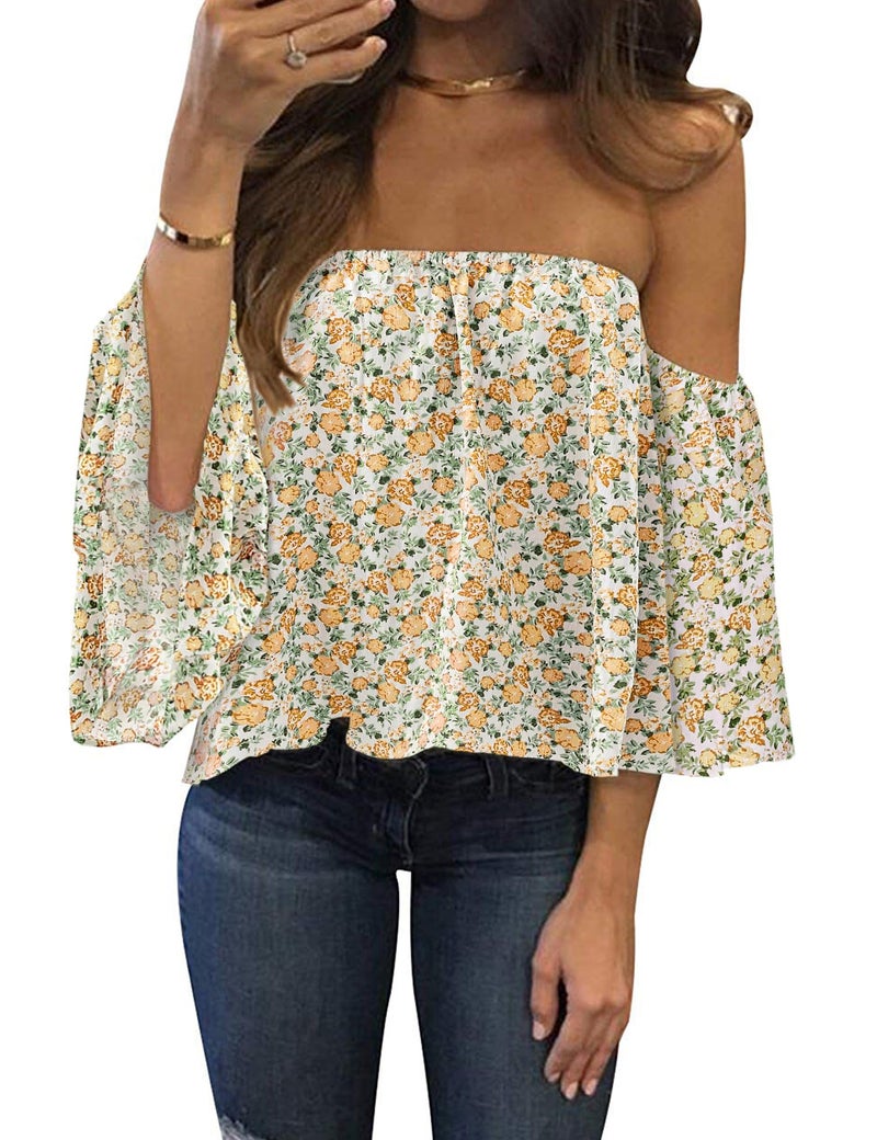 Bluetime Women Summer Off Shoulder Chiffon Blouse Ruffles Short Sleeves Tops Casual T Shirt (S, White Yellow) - Image 1