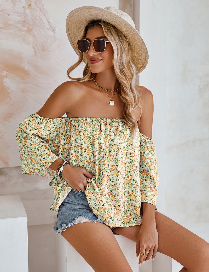 Bluetime Women Summer Off Shoulder Chiffon Blouse Ruffles Short Sleeves Tops Casual T Shirt (S, White Yellow) - Image 4