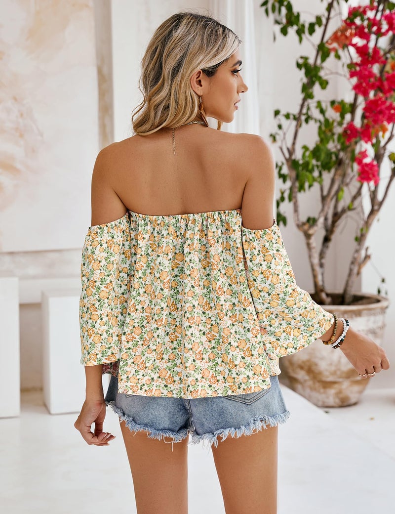 Bluetime Women Summer Off Shoulder Chiffon Blouse Ruffles Short Sleeves Tops Casual T Shirt (S, White Yellow) - Image 5