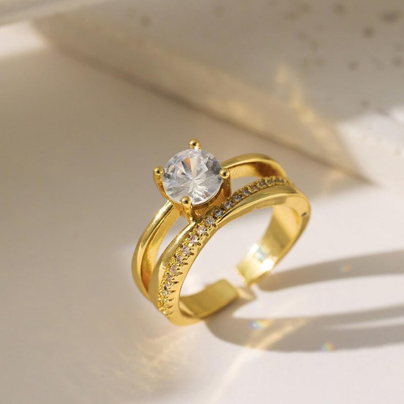 MONOZO 18k Gold plated Ring for Women | Cubic Zirconia Copper Adjustable Finger Ring for Girls | Western Ring | Girl Fashion Jewellery - Image 2
