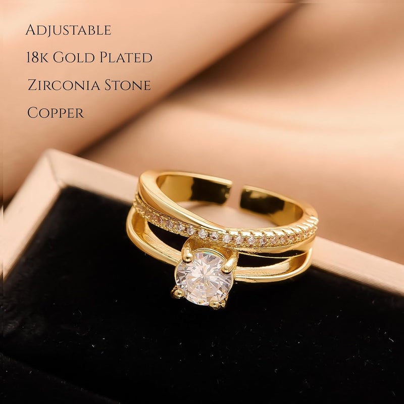 MONOZO 18k Gold plated Ring for Women | Cubic Zirconia Copper Adjustable Finger Ring for Girls | Western Ring | Girl Fashion Jewellery - Image 3