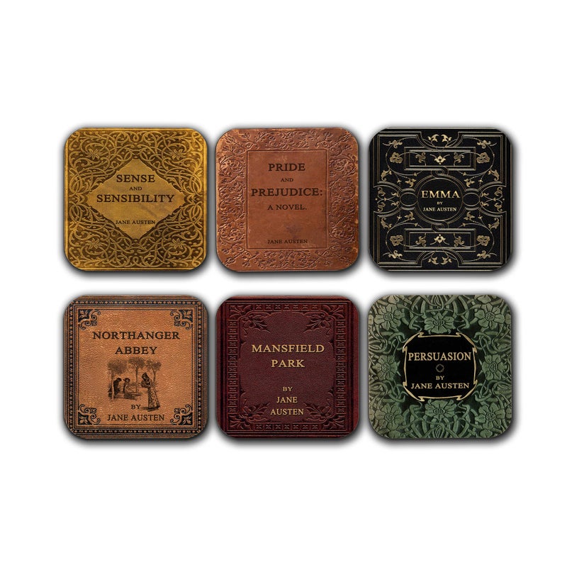 6 Coasters with Complete Novels of Jane Austen Six Coffee Mug Coasters with Complete Novels of Jane Austen's Book Designs. (Book Title)