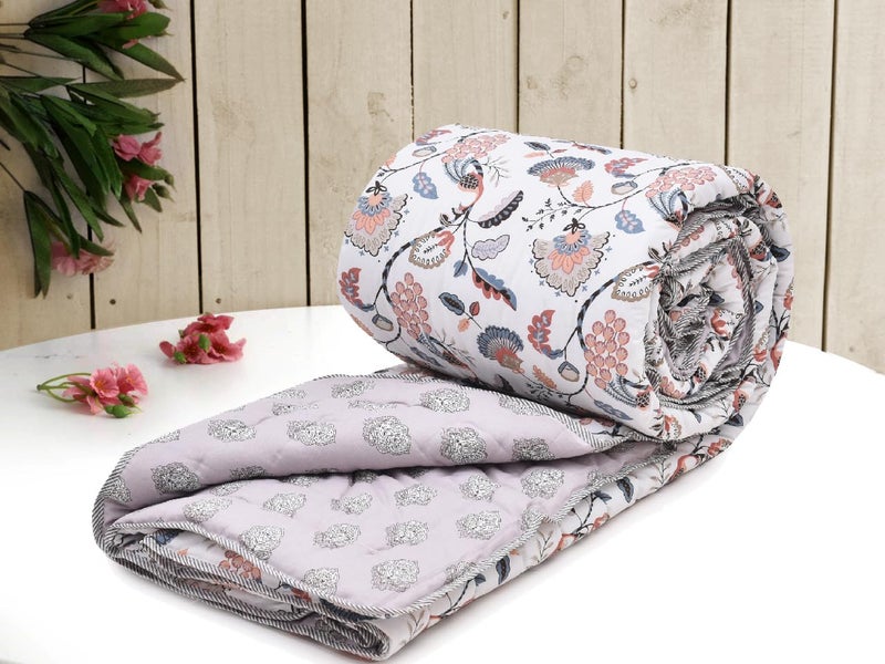 RRC Jaipuri Beautiful Floral Print in White and Green Jaipuri Rajai/Razai/Quilt Double/King Bed Quilt/Comforter/Ac Quilt/Ac Comforter, Cotton, Lightweight Pack of 1, 200 GSM - Image 3