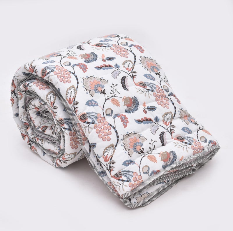 RRC Jaipuri Beautiful Floral Print in White and Green Jaipuri Rajai/Razai/Quilt Double/King Bed Quilt/Comforter/Ac Quilt/Ac Comforter, Cotton, Lightweight Pack of 1, 200 GSM - Image 5