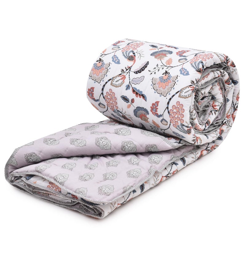 RRC Jaipuri Beautiful Floral Print in White and Green Jaipuri Rajai/Razai/Quilt Double/King Bed Quilt/Comforter/Ac Quilt/Ac Comforter, Cotton, Lightweight Pack of 1, 200 GSM - Image 1